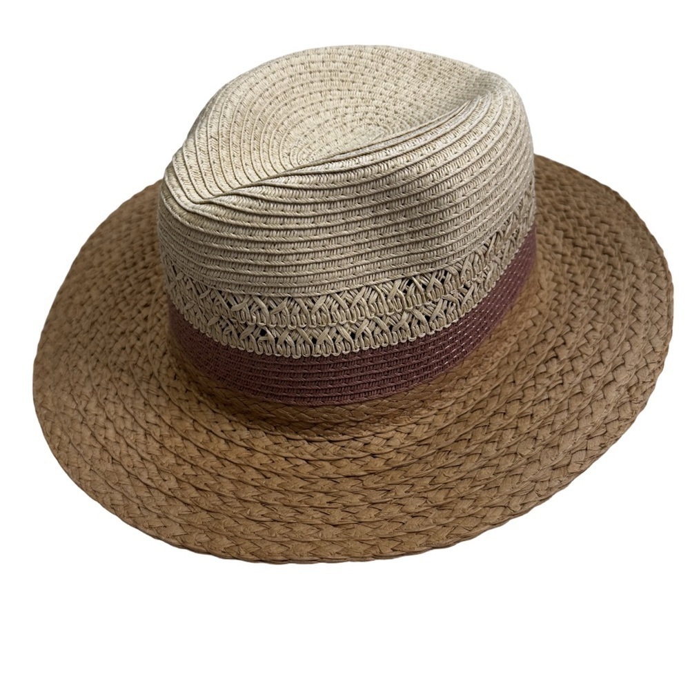 David & Young Packable Mixed Straw Fedora Hat One Size Fits Most Tan/Mauve NEW